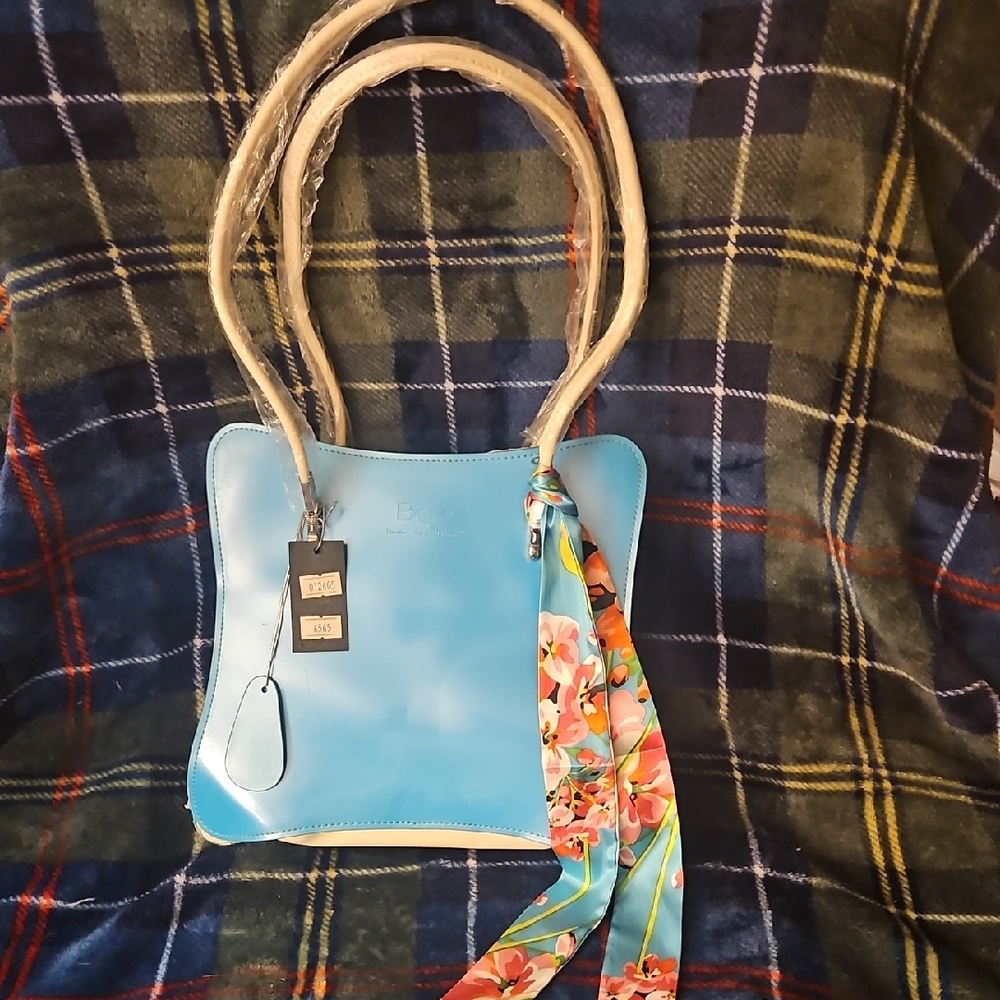 Blue Leather Bag with Floral Scarf